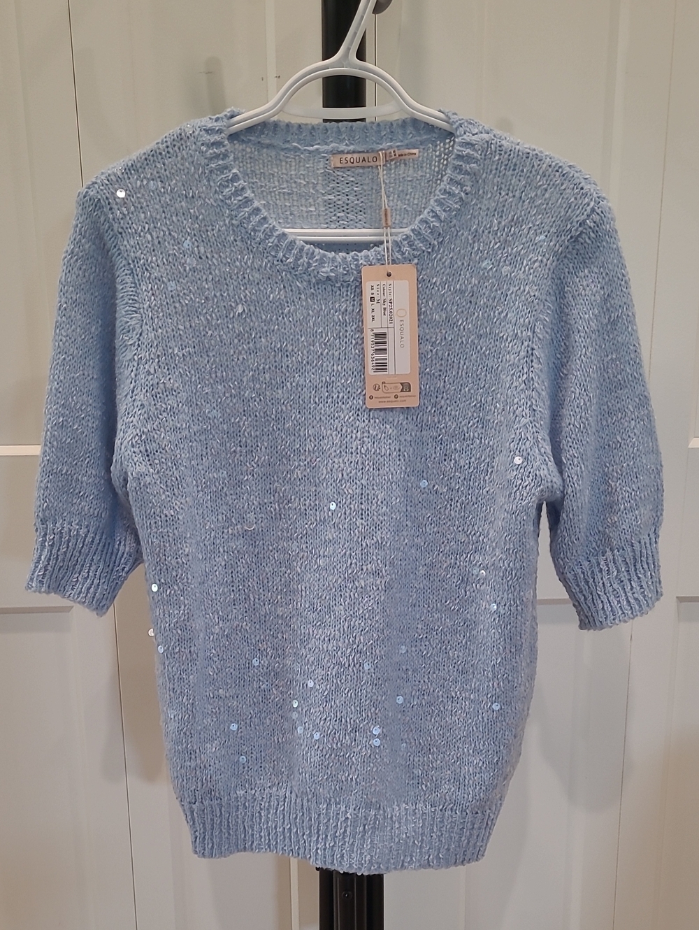 ESQUALO Pale Blue Sequin Short-Sleeve Knit Sweater